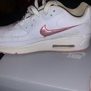Nike Kids White Sneakers with Metallic Pink Swoosh Accent